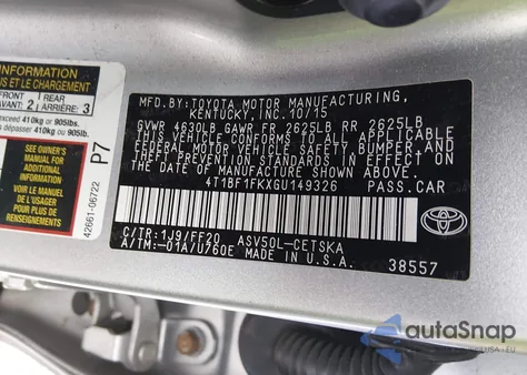 2016 Toyota Camry Se из США, поврежденный, VIN 4T1BF1FKXGU149326